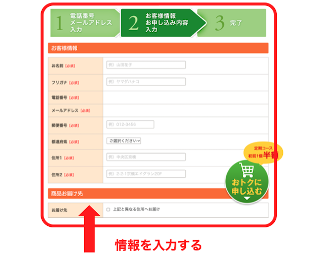 アランズナチュラルドッグフードのお客様情報入力画面