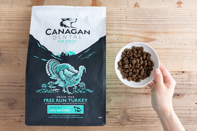 カナガンデンタルドッグフードとフードを入れられたお皿